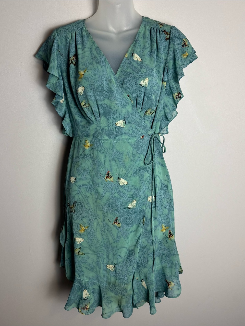 Anthropologie Feather Bone Butterfly Print Wrap Mini Dress Size Small